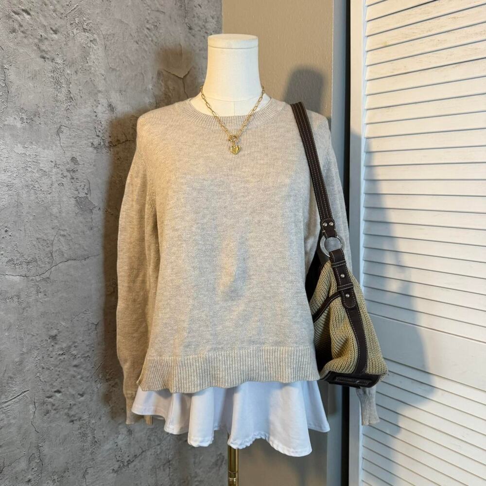 Cream Cable Knit Fall Sweater with Blue Pinstripe Detail